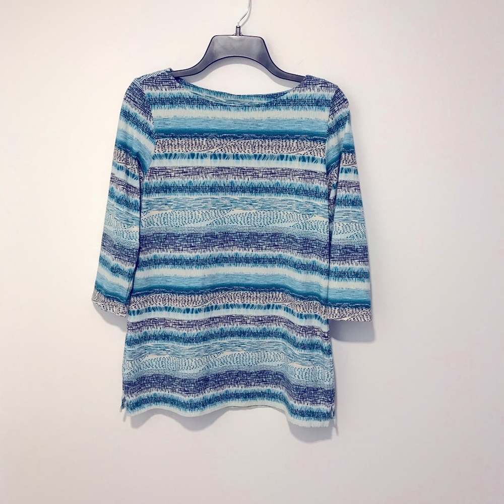 Blue striped 3/4 sleeve, with slits, size S, cotton/spandex, Christopher & Banks